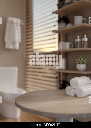Handtücher auf einem runden Holztisch und Regal mit verschwommenem Hintergrund einer modernen, stilvollen Toilette oder eines Badezimmers. 3D-Rendering, 3D-Illustration. Stockfoto
