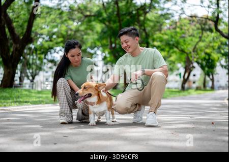 Lächelnder junger, erwachsener asiatischer Mann mit einer Leine Corgi-Welpen, während er sich mit einer Frau auf dem Bürgersteig im Park hockt. Ein paar Hemd, ein Hund, ein Familienausflug Stockfoto