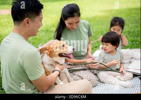 Dad klopft Corgi-Welpen, während Mom und Sohn eine Leine halten, auf Picknickmatte sitzen und über Gras im Park liegen. Eltern und Kinder, Hund, Familienausflug. Stockfoto