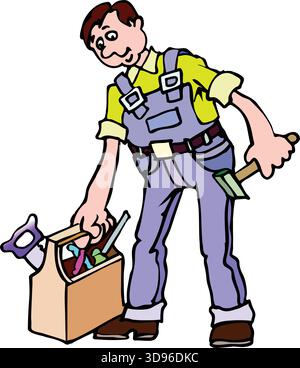Eine Illustration eines Arbeiters, der einen Hammer hält und neben einem hölzernen Werkzeugkasten steht, gefüllt mit bunten Werkzeugen Stock Vektor