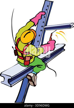 Eine Illustration eines Arbeiters mit Schutzhelm und grünen, gleichmäßigen Stahlträgern auf einer Baustelle Stock Vektor