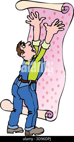 Eine Illustration eines Arbeiters in blauem Overall und einem grünen Hemd, der eine Rolle rosafarbener Polka-gepunkteter Tapeten hängt. Stock Vektor