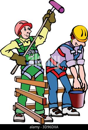 Eine Abbildung von zwei Arbeitern auf einem Holzgerüst, die beide Schutzhelme und Sicherheitsgurte tragen Stock Vektor