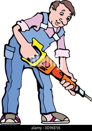 Eine Illustration eines Arbeiters in blauem Overall und rosa Hemd mit einem orangefarbenen Bohrer Stock Vektor