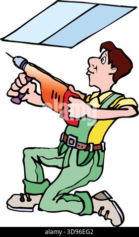 Eine Illustration eines Arbeiters in Overall und Hemd, der kniet, während er mit einem Bohrhammer in eine Wandplatte bohrt Stock Vektor