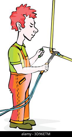 Eine Illustration eines Klempners, der ein Hemd und Overall trägt und ein gelbes Rohr mit einem Schraubenschlüssel verstellt Stock Vektor