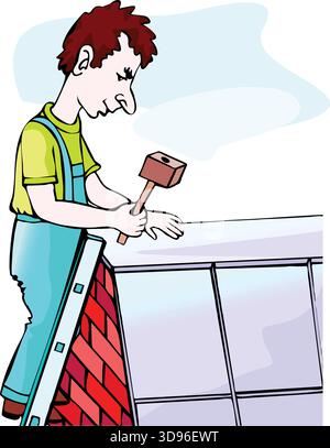 Eine Illustration eines Arbeiters in Overall und Hemd, der mit einem Hammer ein Fenster an einer roten Ziegelwand anbringt Stock Vektor