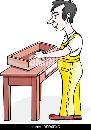 Eine Illustration eines Arbeiters in Hemd und Overall, der eine Holzkiste auf einem Tisch schleift Stock Vektor