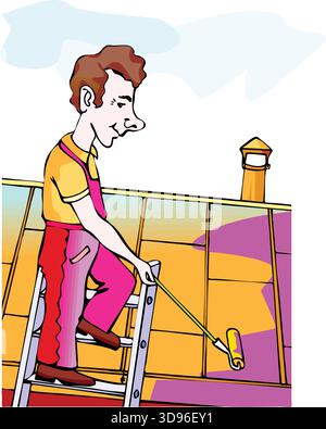 Eine Illustration eines Arbeiters in Hemd und Overall, der auf einer Leiter steht und mit einer Rolle eine Wand malt Stock Vektor
