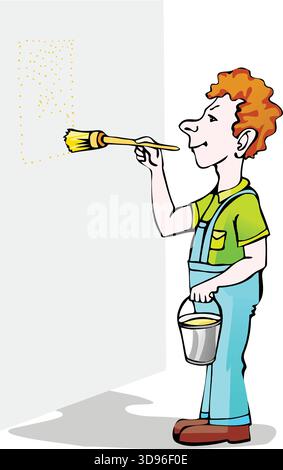 Eine Illustration eines Arbeiters, der eine Wand mit einem Pinsel anstrich und eine Dose Farbe hält Stock Vektor