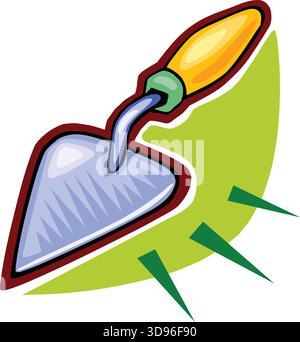Eine Illustration einer Kelle mit blauer Klinge und gelbem Griff, die vor einem grünen Hintergrund in einem Zeichentrickstil steht Stock Vektor