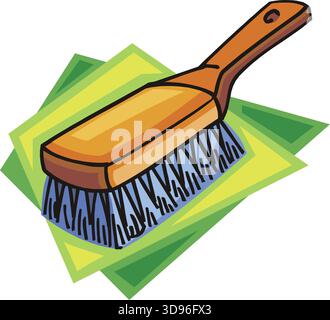 Eine Illustration einer Drahtbürste mit braunem Griff und blauen Borsten im Zeichentrickstil Stock Vektor