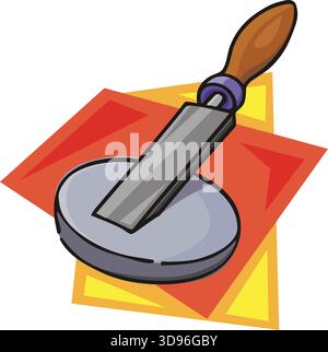 Eine Illustration eines Meißels mit braunem Griff und grauer Klinge, platziert auf einem Schleifstein im Cartoon-Stil Stock Vektor