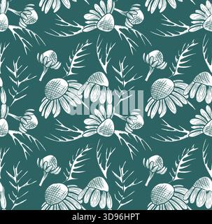 Ein nahtloses Vektormuster mit Kamillenblüten und Blättern, die in einem interessanten Muster auf einem türkisfarbenen Hintergrund angeordnet sind. Eine einfarbige botanische Illus Stockfoto