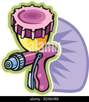 Eine Illustration einer Spritzpistole mit violettem Körper und gelbem Farbkanister im Cartoon-Stil Stock Vektor