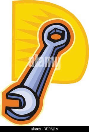 Eine Illustration eines Schraubenschlüssels vor einem auffälligen gelben und orangefarbenen Hintergrund im Zeichentrickstil Stock Vektor