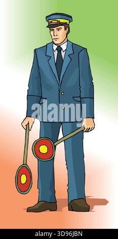 Eine Abbildung eines Signalgebers in einer Uniform mit einer Kappe, die zwei Signalfahnen hält Stock Vektor