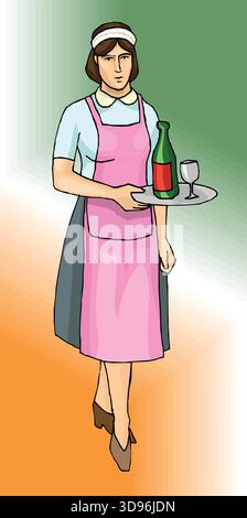 Eine Illustration einer Kellnerin mit Schürze und Stirnband, die ein Tablett mit Flasche und Glas trägt Stock Vektor