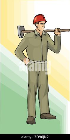 Eine abstrakte Vektor-Illustration zeigt einen Bauarbeiter mit Sledgehammer im Cartoon-Stil Stock Vektor