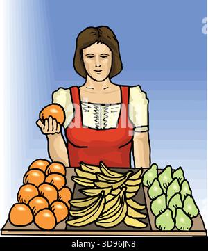 Eine Frau, die hinter einem Tisch steht und Orangen, Bananen und Birnen zeigt Stock Vektor