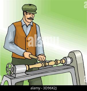 Die Abbildung eines Holzarbeiters ist das Formen eines Holzstücks auf einer Drehmaschine Stock Vektor