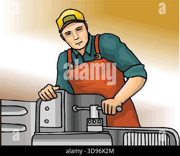 Abbildung: Arbeiter mit Schutzhelm und Bedienung einer Fräsmaschine Stock Vektor