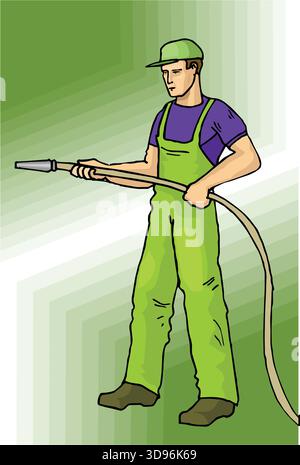 Eine abstrakte Vektor-Illustration zeigt einen Arbeiter mit Druckwäscher im Cartoon-Stil Stock Vektor