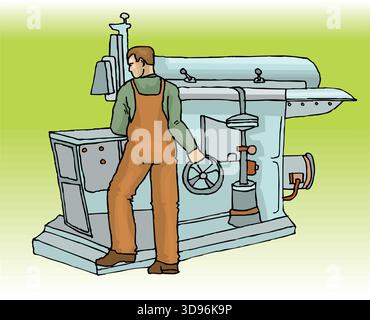 Eine abstrakte Vektor-Illustration zeigt einen Arbeiter, der eine Drehmaschine in einem Cartoon-Stil bedient Stock Vektor