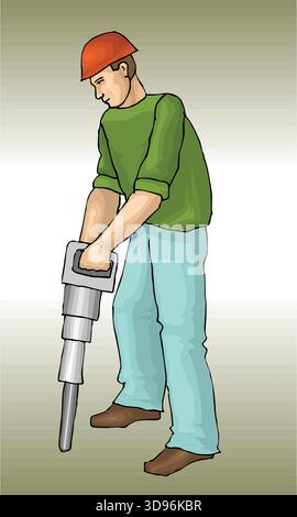 Eine abstrakte Vektor-Illustration zeigt einen Bauarbeiter mit Schlaghammer im Cartoon-Stil Stock Vektor