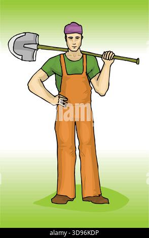 Eine abstrakte Vektor-Illustration zeigt einen Arbeiter mit Schaufel im Cartoon-Stil Stock Vektor