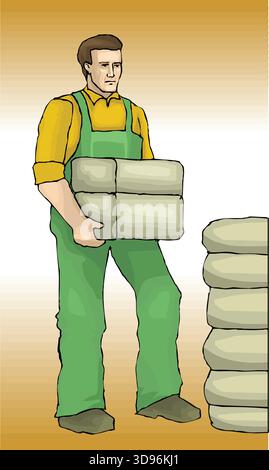 Eine abstrakte Vektor-Illustration zeigt einen Arbeiter, der Ziegelsteine im Cartoon-Stil trägt Stock Vektor