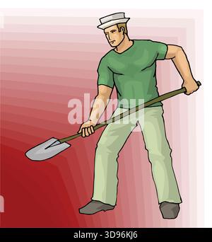 Eine abstrakte Vektor-Illustration zeigt einen Arbeiter mit Schaufel im Cartoon-Stil Stock Vektor