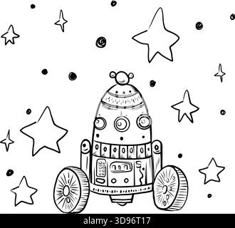 Handgezeichneter Roboter-Mond-rover zum Erkunden und Lernen neuer Planeten im Weltraum. Doodle-Stil, einfache, minimalistische Zeichnung. Fantasy-Skizze, Strichkunst Stock Vektor