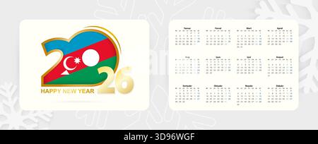 Horizontaler Taschenkalender 2026 in aserbaidschanischer Sprache. Neujahrssymbol 2026 mit Flagge von Aserbaidschan. Vektorkalender. Stock Vektor