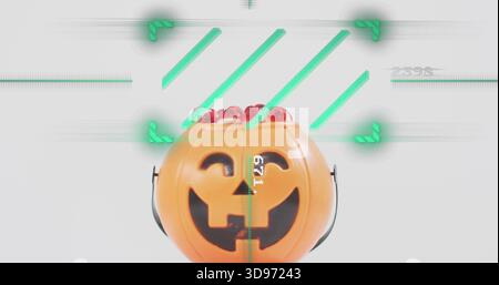 Orangefarbener Kürbiseimer mit schwarzen Griffen auf der Tischplatte mit glänzend roten Süßigkeiten AR 671 Stockfoto