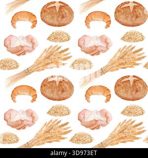 Halbmondbrötchen, rundes Brot, Weizenkörner, Mehlsack. Nahtloses Aquarellmuster auf weißem Hintergrund mit perfekt für Bäckerei Verpackung, Küche Stockfoto