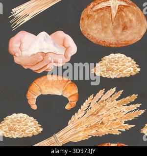 Halbmondbrötchen, rundes Brot, Körner, Weizengarbe. Nahtloses Aquarellmuster auf grauem Hintergrund mit perfekt für Backwaren, Küchentextilien Stockfoto