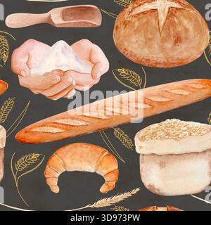 Baguette, rundes Brot, Weizenkörner, Mehlsack. Nahtloses Aquarellmuster isoliert auf Grau, perfekt für Backwaren und Küchentextilien Stockfoto