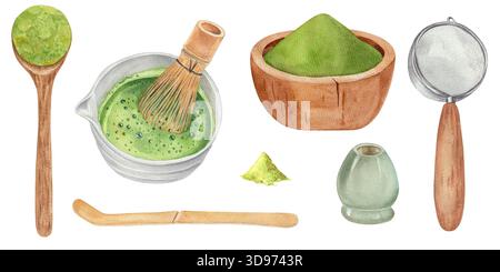Matcha-Teeset mit Wasserfarben. Handgezeichnet bemalt Stockfoto
