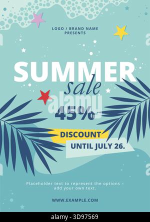 Poster zum Sommerangebot mit Palmenblättern, Meeressternen und Wellen, lustige, bearbeitbare Vorlage. Fangen Sie die Wellen ein! Stock Vektor