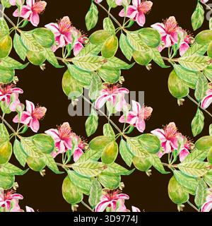Feijoa-Zweig. Aquarellfarben nahtloses handgezeichnetes Muster mit Feijoa-Früchten, Blüten, Knospen und Blättern isoliert auf dunklem Hintergrund. Zum Bedrucken von Stoff, Tapeten Stockfoto