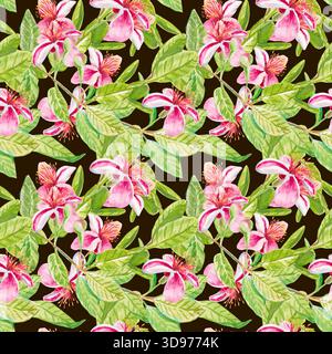 Feijoa-Blüten. Nahtloses Aquarellmuster mit Feijoa-Blüten und Blättern auf Zweigen isoliert auf dunklem Hintergrund. Zum Bedrucken von Stoff, Tapeten, Stockfoto