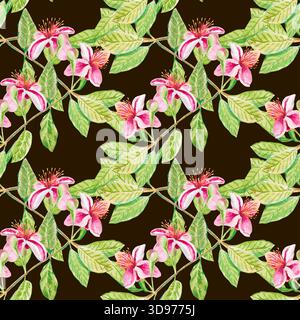 Feijoa-Blüten. Nahtloses Aquarellmuster mit Feijoa-Blüten und Blättern auf Zweigen isoliert auf dunklem Hintergrund. Zum Bedrucken von Stoff, Tapeten, Stockfoto