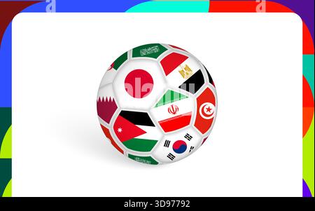 Fußball mit asiatischen und nahöstlichen Fahnen. Repräsentiert regionale und internationale Sportwettbewerbe im Fußball. Vektorabbildung. Stock Vektor
