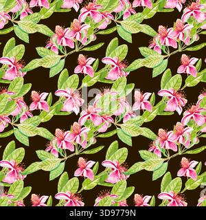 Feijoa-Blüten. Nahtloses Aquarellmuster mit Feijoa-Blüten und Blättern auf Zweigen isoliert auf dunklem Hintergrund. Zum Bedrucken von Stoff, Tapeten, Stockfoto