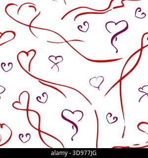 Verspielte, unebene Herzen, handgezeichnet in Tinte und Stift, angeordnet als nahtlose Wiederholung. Vektorabbildung. Valentinstag-Hintergrund, romantische Design-Oberfläche Stock Vektor