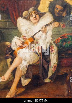 Richard Geiger – Columbine und Pierrot – das Gemälde zeigt eine Frau, die als Columbine (Colombine) identifiziert wird, die sitzt und Gitarre oder Laute spielt. Sie trägt raffinierte, weiße Rüschen-Kleidung und eine passende Mütze, ihre Beine überkreuzt und ein leichtes Lächeln im Gesicht. Über die Rückseite des Sitzes blickt die Figur Pierrot, eine traurige oder schelmische Clownfigur, die die Frau aufmerksam ansieht, sie möglicherweise in Ruhe hält oder ihre Musik hört. Die Szene ist in einer reichen, warmen Farbpalette gemalt, die für Geigers Porträt- und Genremalerei charakteristisch ist Stockfoto