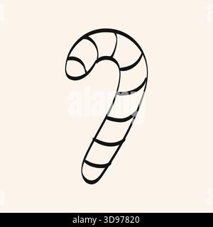 Eine einfache schwarz-weiße Illustration eines Zuckerrohrs. Dieses Design mit geschwungenen Streifen ist perfekt für Weihnachtsdekorationen, Grußkarten und Stock Vektor
