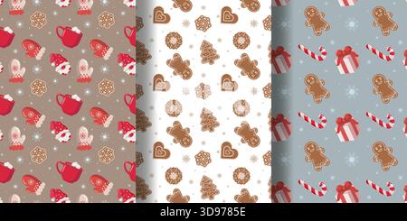 Drei vertikale Feiertagsmuster braun mit Gnomen, Bechern und Fäustlingen weiß mit Lebkuchenkeksen blau mit Zuckerstangen, Geschenken und Schneeflocken Stock Vektor