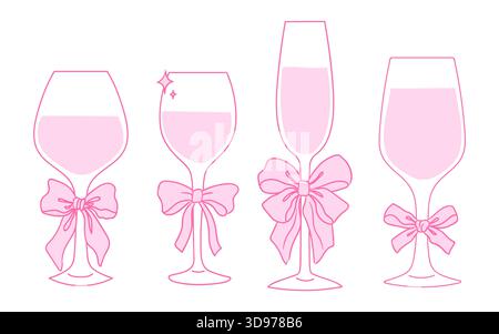 Vier anmutige Glasarten sind abgebildet, die jeweils mit rosa Schleifen verziert sind. Dieses Design verleiht Partys, Hochzeiten oder besonderen Anlässen einen festlichen Touch. Stock Vektor